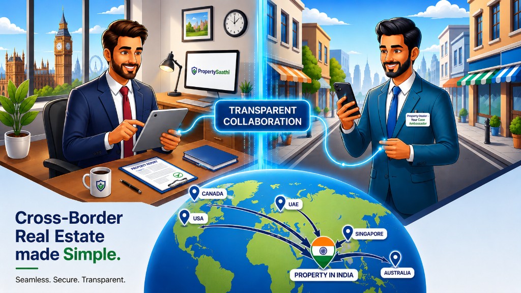 Cross-border collaboration illustration showing a customer and representative connected.
