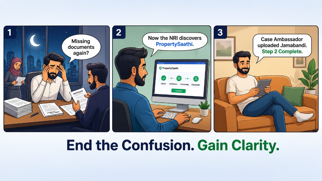 Storyboard illustration about gaining clarity with PropertySaathi.